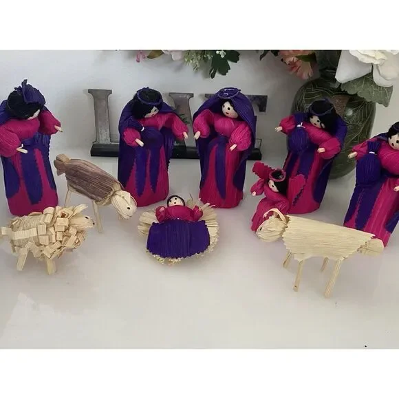 10 Piece Handmade Vtg Christmas Nativity Set Corn Husk 5" Dolls Roatan Honduras - Picture 1 of 16
